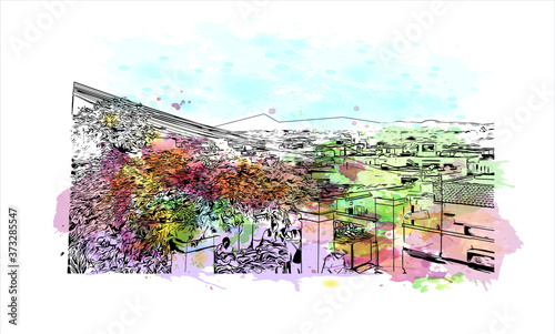 Building view with landmark of Arequipa is the colonial-era capital of Peru’s Arequipa Region. Watercolor splash with hand drawn sketch illustration in vector.