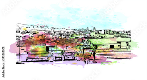 Building view with landmark of Arequipa is the colonial-era capital of Peru’s Arequipa Region. Watercolor splash with hand drawn sketch illustration in vector.