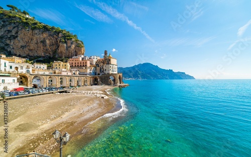 Deserted beach of small town Atrani on Amalfi Coast in province of Salerno, Campania region, Italy. Amalfi coast is popular travel and holyday destination in Italy.