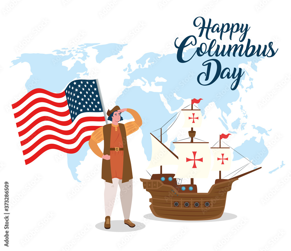 happy columbus day, with christopher columbus, usa flag and ship carabela vector illustration design