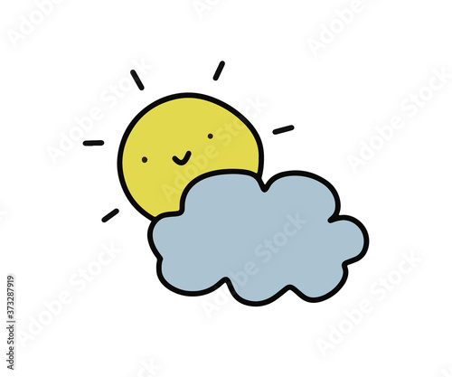Cute sun looks out from behind a cloud children's illustration