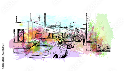 Building view with landmark of Arequipa is the colonial-era capital of Peru’s Arequipa Region. Watercolor splash with hand drawn sketch illustration in vector.