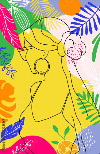 Line woman portrait  creative freehand composition in contemporary abstract style with and tropical leaves.Illustrations design for print  card  poster.