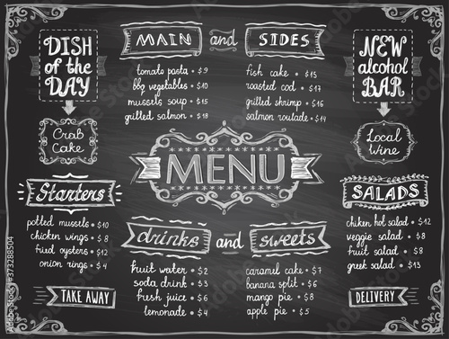 Chalk menu list blackboard design for cafe or restaurant photo