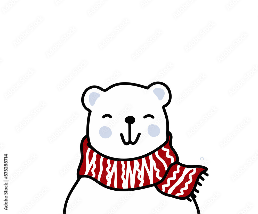 Fototapeta premium Happy Teddy bear in red scarf on snowy background