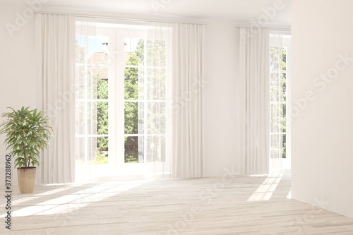 White empty room with summer landscape in window. Scandinavian interior design. 3D illustration