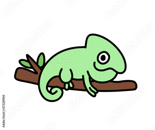Fototapeta Naklejka Na Ścianę i Meble -  Cute chameleon sitting on a branch children's illustration