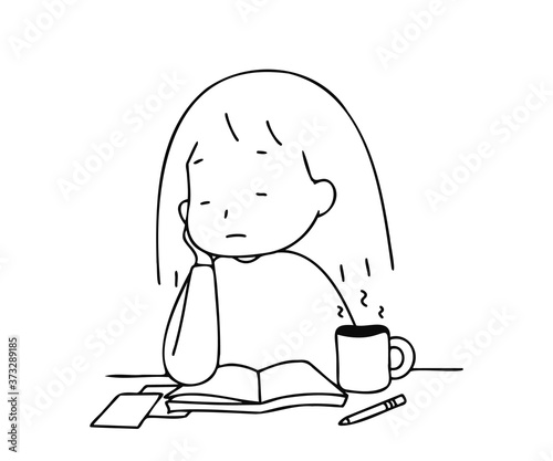 cute girl do her homework doodle cartoon vector style