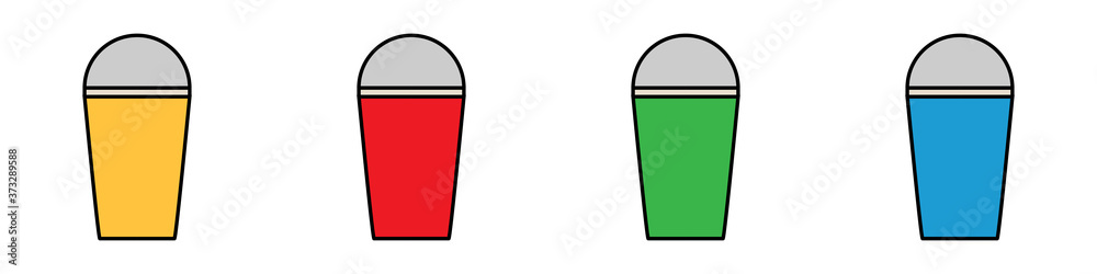 Conjunto de bebidas. Bebidas, jugos o refrescos. Vaso con tapa redonda. Logos. Bebidas frías de verano. Ilustración vectorial estilo plano Conjunto de bebidas. Bebidas, jugos o refrescos. Vaso con tapa redonda. Logos. Bebidas frías de verano. Ilustración vectorial estilo plano