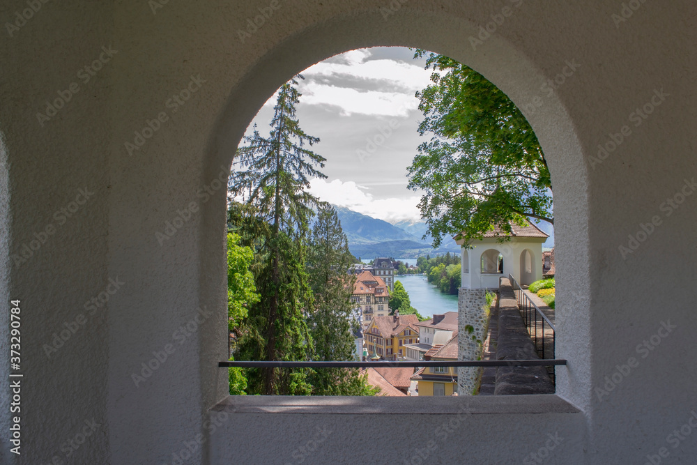 top view through the arch on the city of Thun in Switzerland