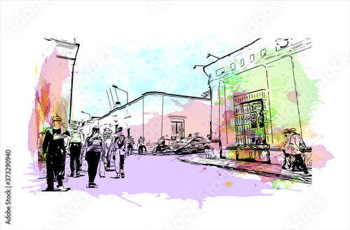 Building view with landmark of Arequipa is the colonial-era capital of Peru’s Arequipa Region. Watercolor splash with hand drawn sketch illustration in vector.