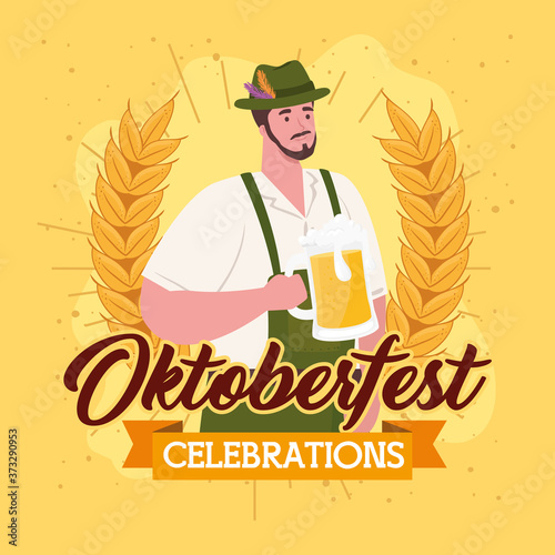 oktoberfest festival celebration and man with jar beer vector illustration design