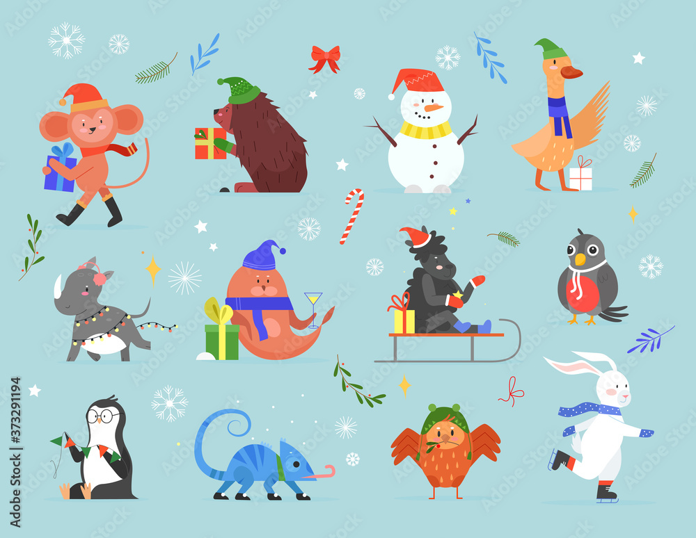 Animal celebrate Christmas vector illustration set. Cartoon hand drawn zoo collection with wildlife animal xmas characters greeting and celebrating winter holidays with gifts, flags, festive clothing