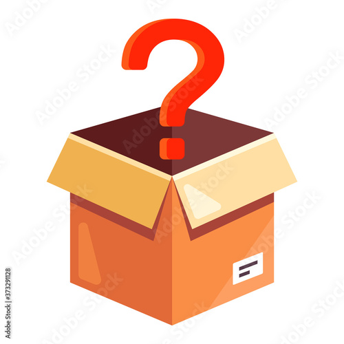 cardboard box with a red question mark. unpack an unknown parcel. flat vector illustration isolated on white background.