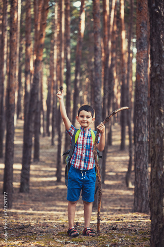 little boy walking with a backpack in a pine forest in search of adventure