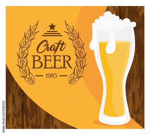 glass of beer craft, on wooden background vector illustration design