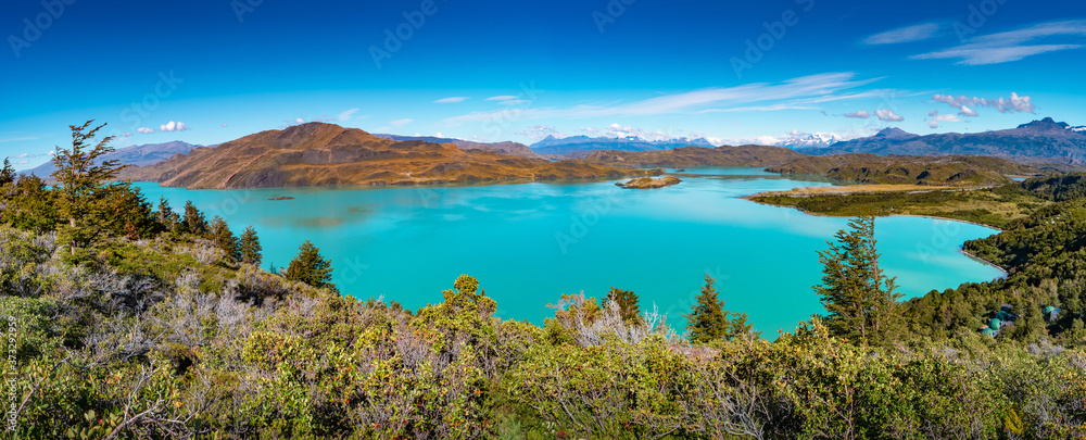 Panoramic view over mountain turquoise lagoon in Torres del Paine National Park at sunny day and blue sky, Patagonia, Chile, details