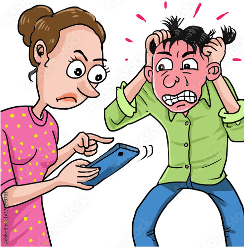A jealous wife checking the husband smartphone