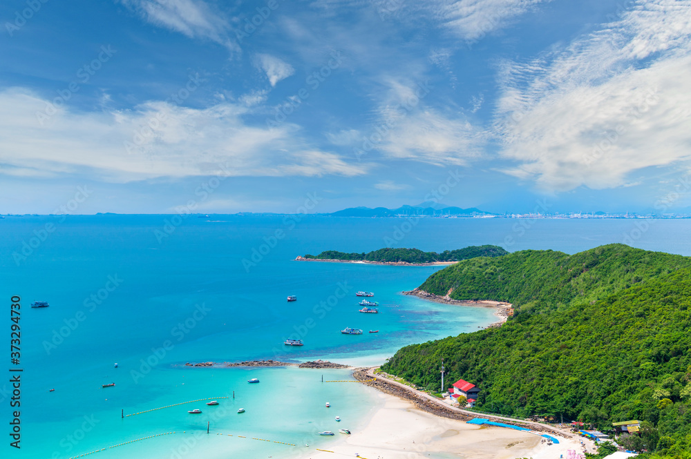 Tropical white sand beach and sea at Tawaen Beach on larn island, Pattaya City, Chonburi, Thailand