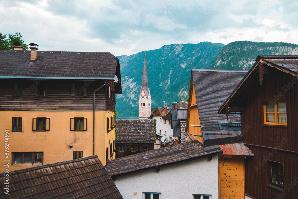 view of small village in austria hallstatt Evangelische Pfarrkirche bell tower