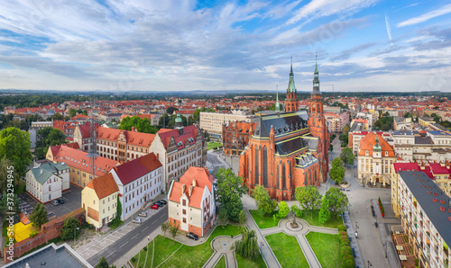 Legnica, Poland. Aerial panorama of city with cathedral of St. Peter and Paul