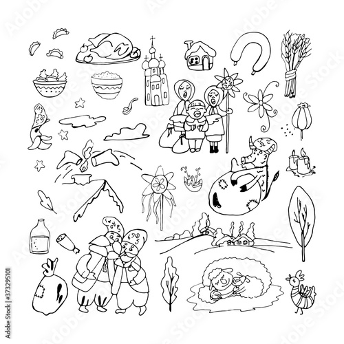 Set of attributes of the Ukrainian traditional Christmas: devil with a bag, folk dishes Kutia and dumplings, didukh, divination, godfathers, Christmas carols, church, candles, star, dinner, sheep.