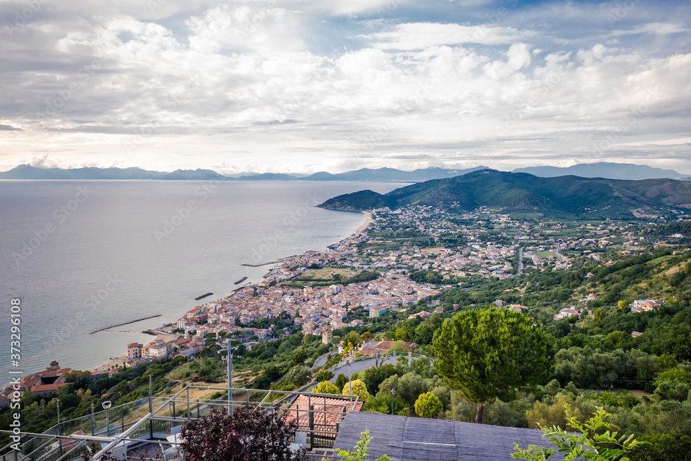 Aerial View of Santa Maria di Castellabate. Landscape of Cilento coast, Campania, Italy. Famous seaside holiday resort