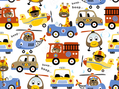 seamless pattern with cute animals on vehicles