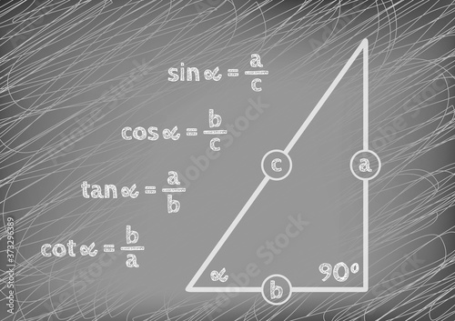 Trigonometric functions in a right triangle drawn on a gray board. Graphic presentation for math teachers.  © matma