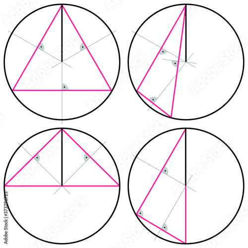 Construction of a circle circumscribed on a triangle. Two-dimensional geometric figure on a white background.