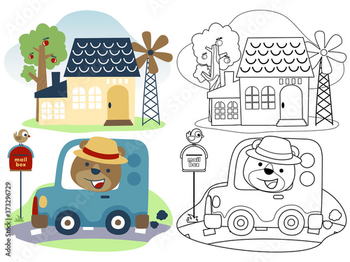 Funny bear cartoon go home with little car, coloring book or page