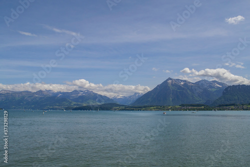 view of the lake and mountains in Switzerland