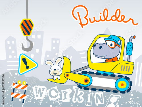 Funny cartoon of hippo and rabit on construction vehicle