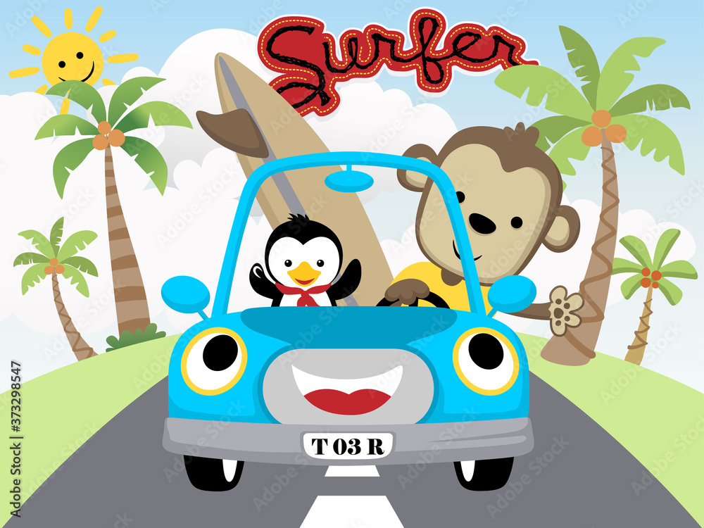 Funny cartoon of monkey with little penguin on funny car Funny cartoon of monkey with little penguin on funny car