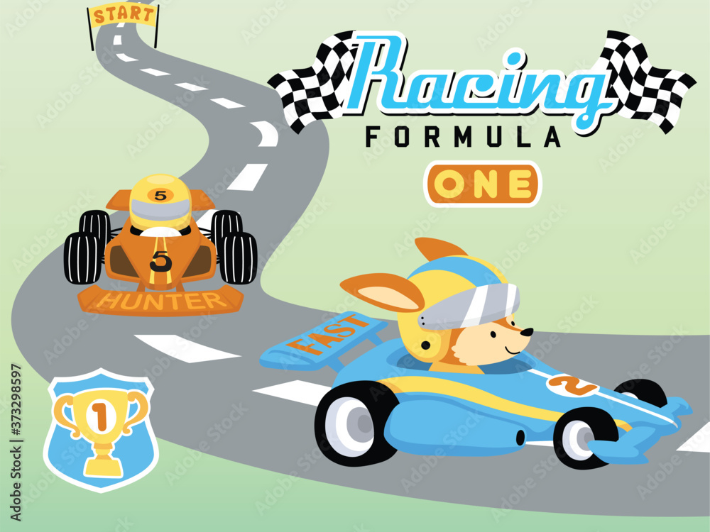 Fototapeta premium funny car racing cartoon with cute animal