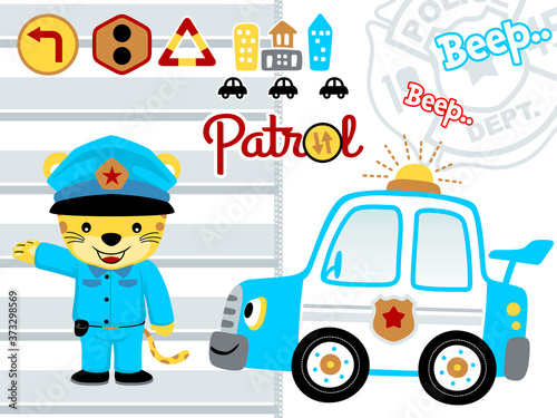 Police car cartoon with cute traffic cop