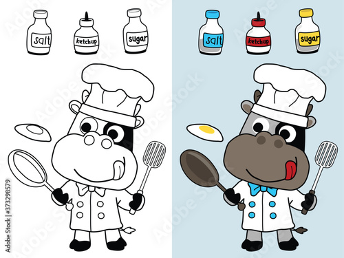 vector illustration of cow cartoon the funny chef, coloring book or page