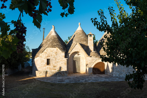 Group of Trulli, traditional old houses and old stone wall in Puglia, Italy photo