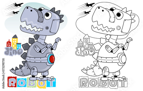 vector illustration of dino robot cartoon, coloring book or page