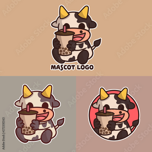 set of cute boba cow mascot logo with optional apprearance. premium kawaii vector