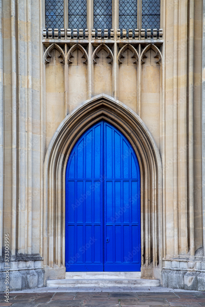 blue closed church doors with no people