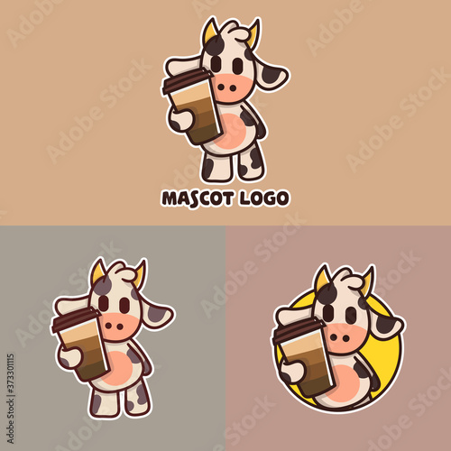 set of cute coffee cow mascot logo with optional apprearance. premium kawaii vector