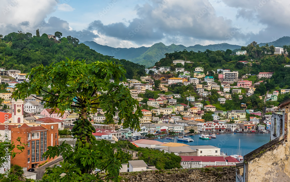 A view of the shoreline of the inner harbour in St Georges, Grenada