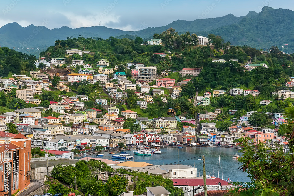 A view over the inner harbour of St Georges from the Fort above the town in Grenada