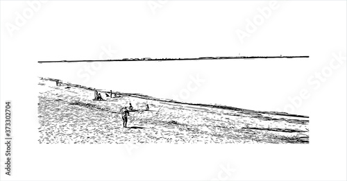 Building view with landmark of Arkhangelsk, also known in English as Archangel and Archangelsk. Hand drawn sketch illustration in vector.