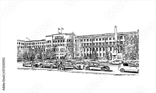 Building view with landmark of Arkhangelsk, also known in English as Archangel and Archangelsk. Hand drawn sketch illustration in vector.