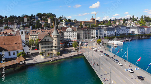 Aerial view over the city of Lucerne Switzerland and Lake Lucerne - travel photography