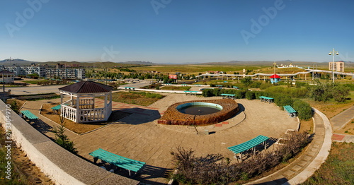 Darhan. Mongolia. June 12, 2015. A Buddhist complex of Buddha statues surrounded by stupas in the center of the city. It is a place of worship for Buddhists in North-Eastern Mongolia.