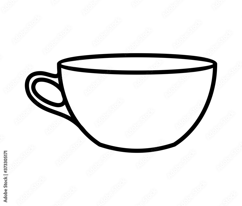 LINEAR DRAWING OF A MUG FOR HOT DRINKS ON A WHITE BACKGROUND