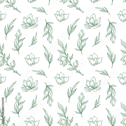 Floral seamless pattern with Magnolia buds and leaves for textiles and packaging.